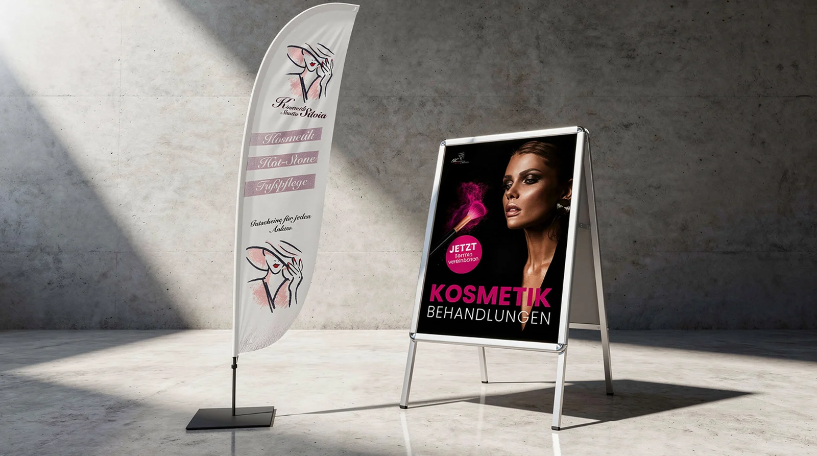 Aussenwerbung Kosmetikstudio Silvia. A1 Stopper und Beachflag
